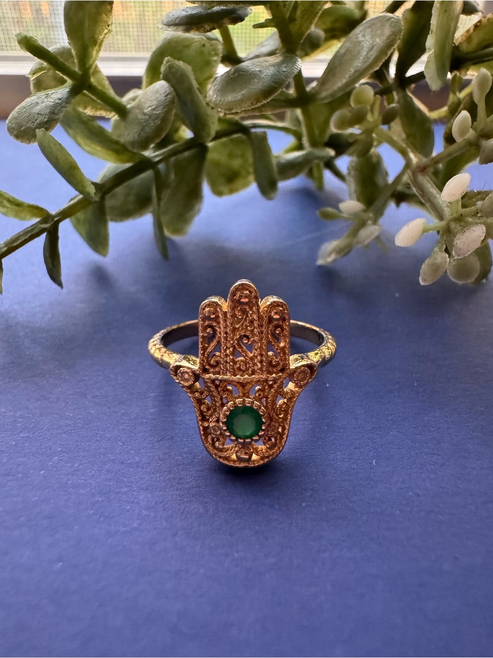 Hamsa Ring with Green Stone - size 7